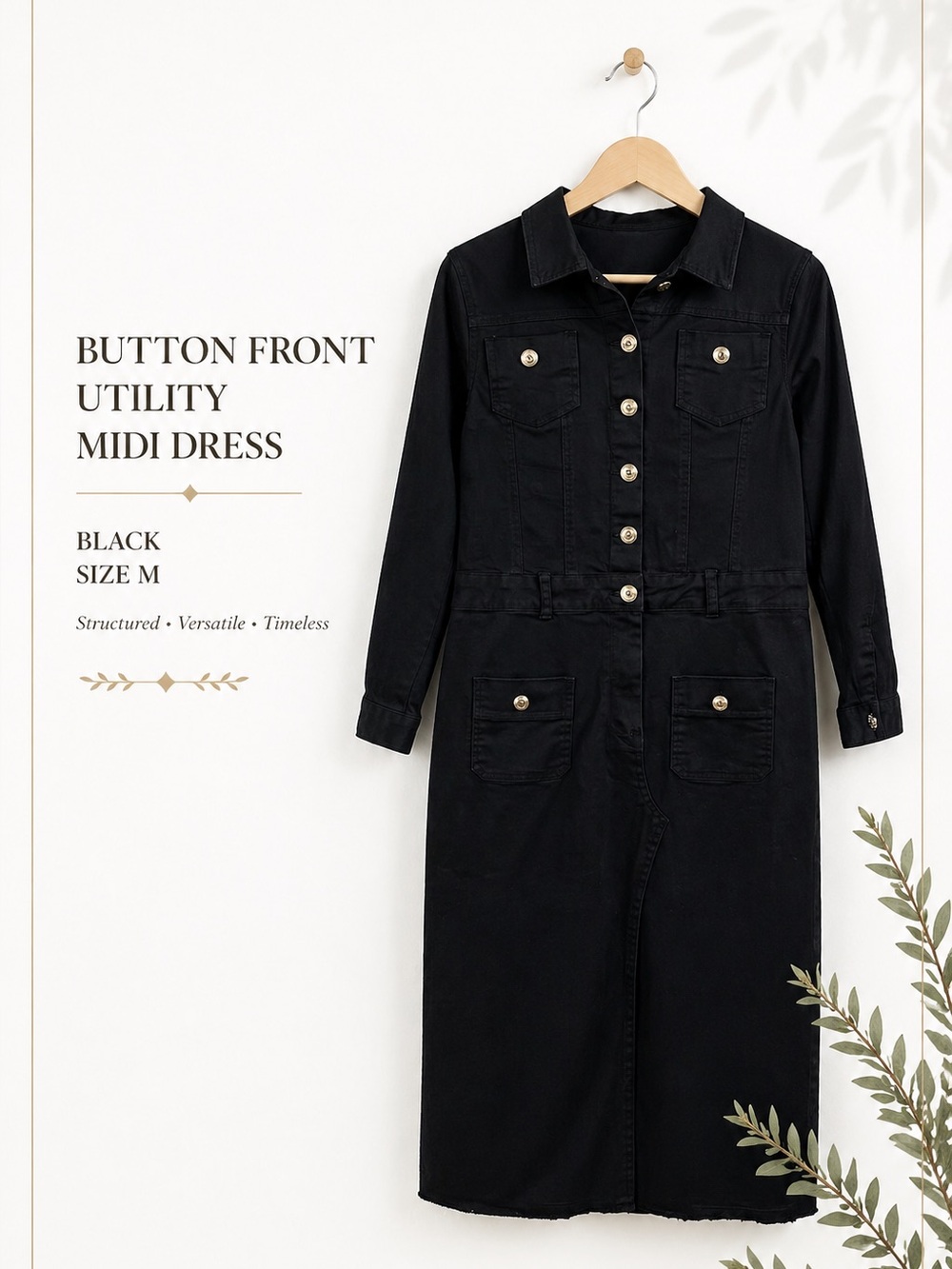 Black Button Front Utility Midi Dress Size M